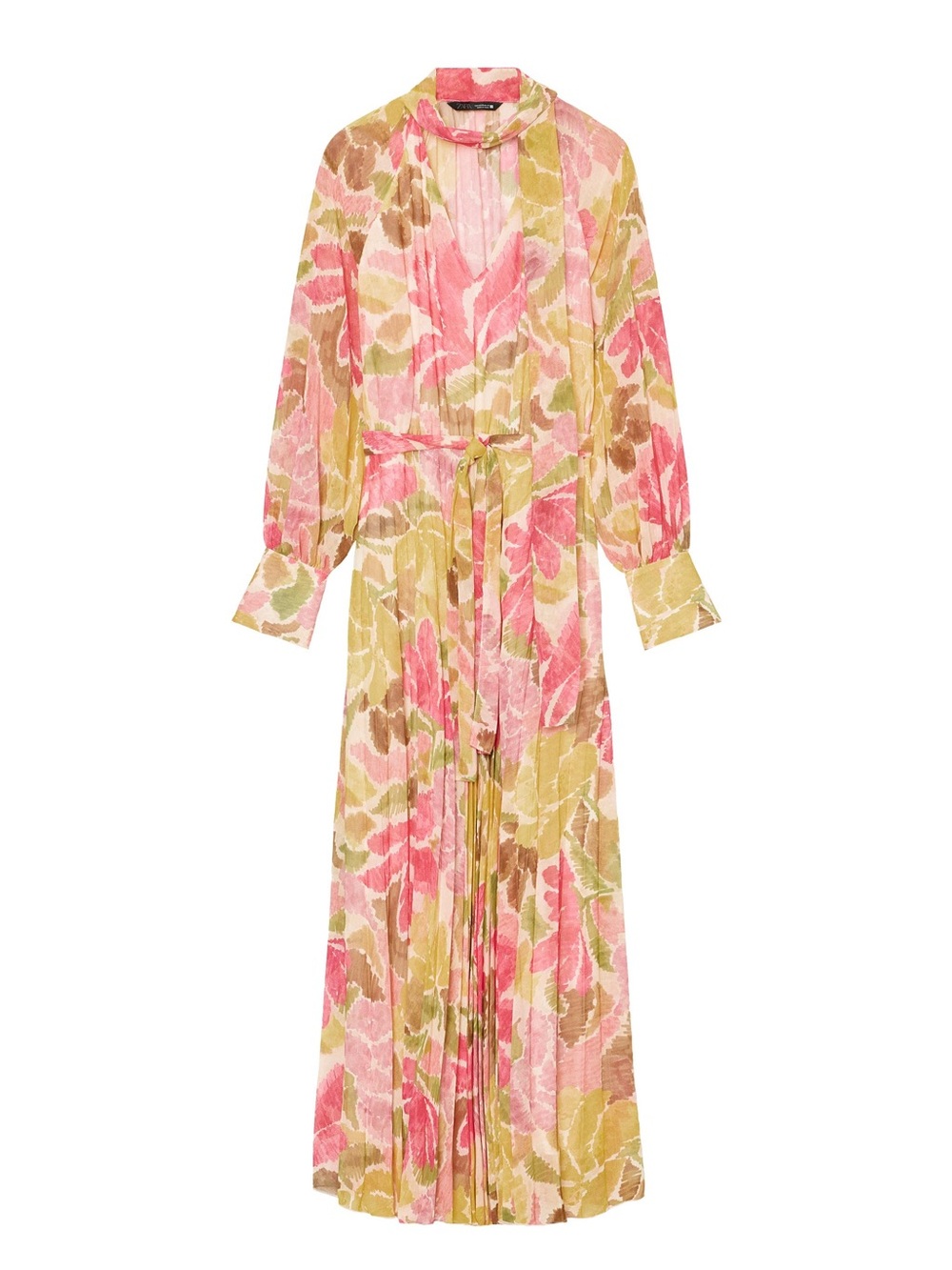 Zara Pink, Green and Brown Floral Long-Sleeve Maxi Dress